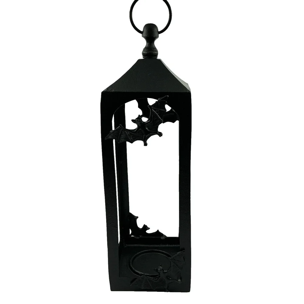 Large Halloween Black Cast Iron Hanging Candle Holder Lantern w/ Bats 22 Inches